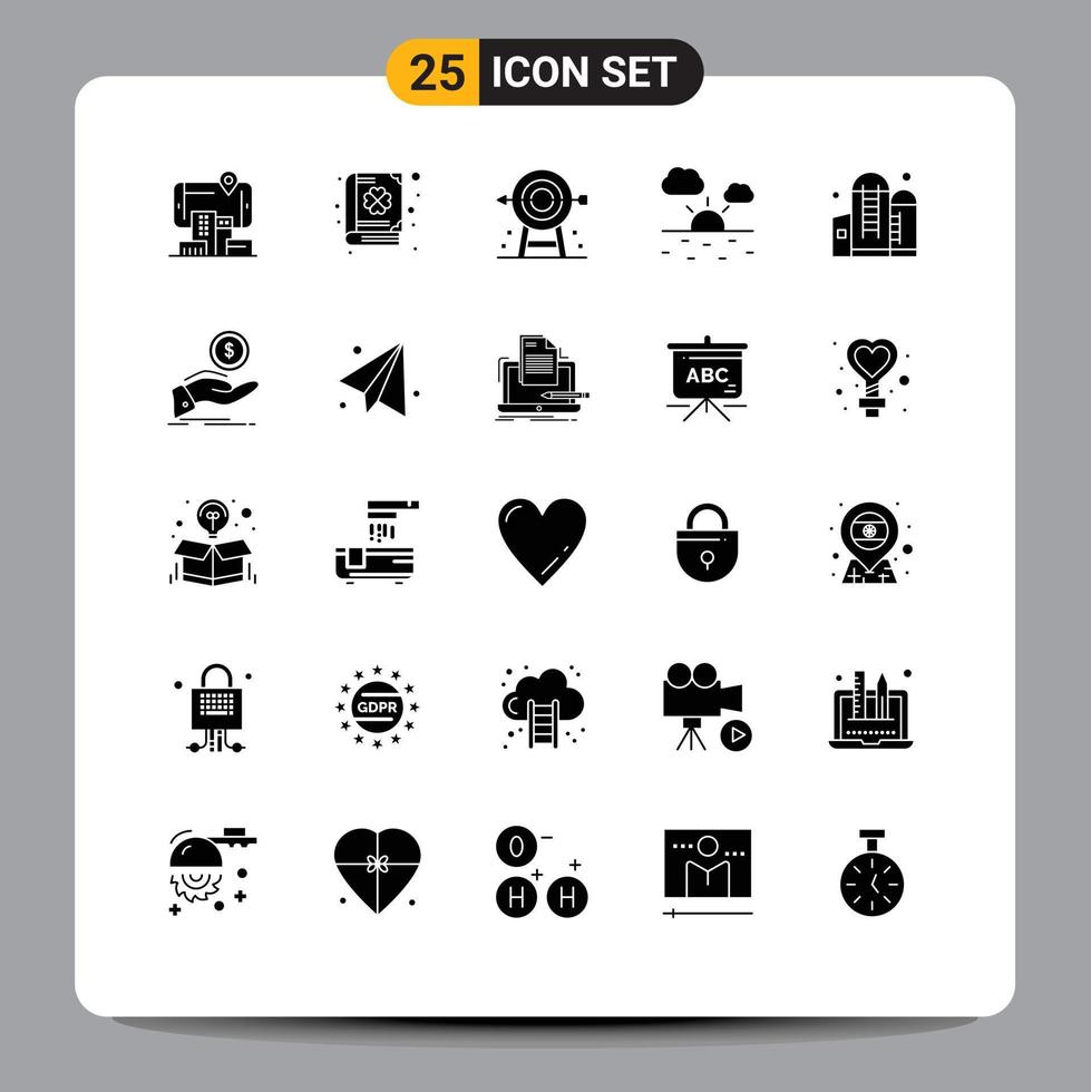 25 Universal Solid Glyph Signs Symbols of container weather business warm strategy Editable Vector Design Elements