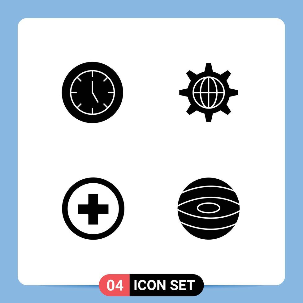 Set of 4 Vector Solid Glyphs on Grid for clock hospital products world plus Editable Vector Design Elements