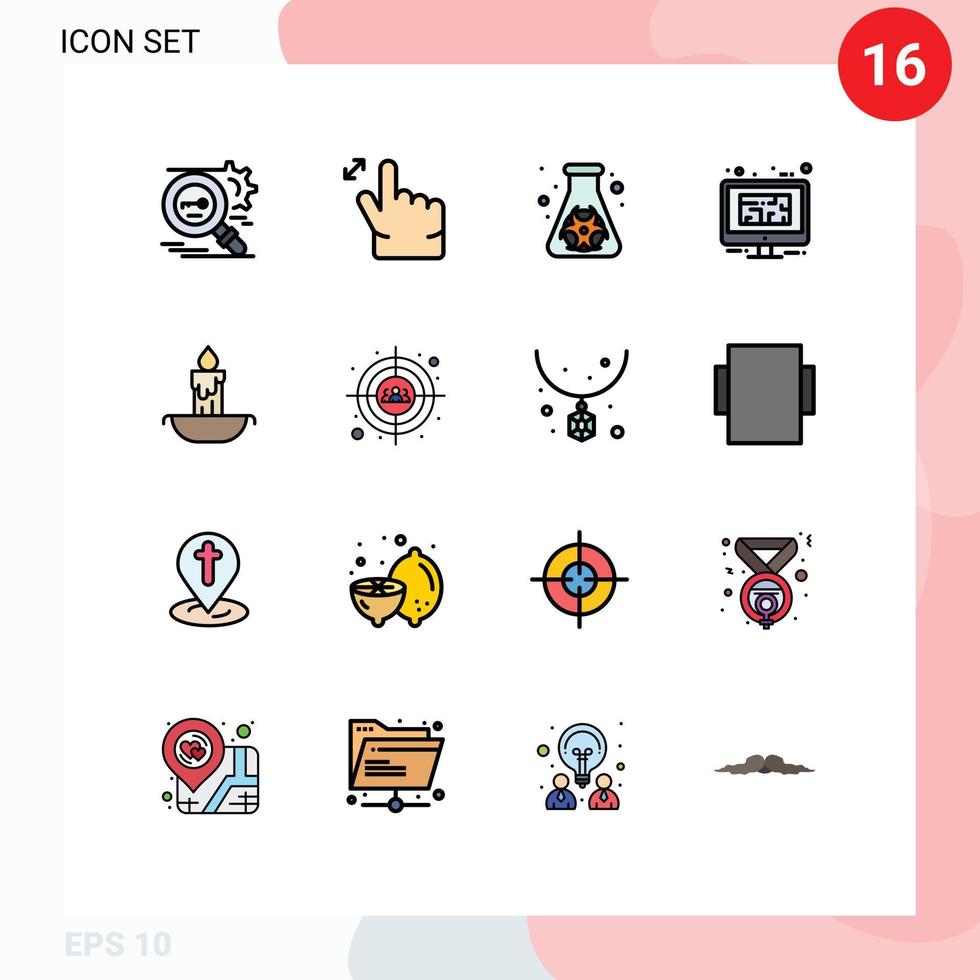 Modern Set of 16 Flat Color Filled Lines Pictograph of candle floor flask design monitor Editable Creative Vector Design Elements