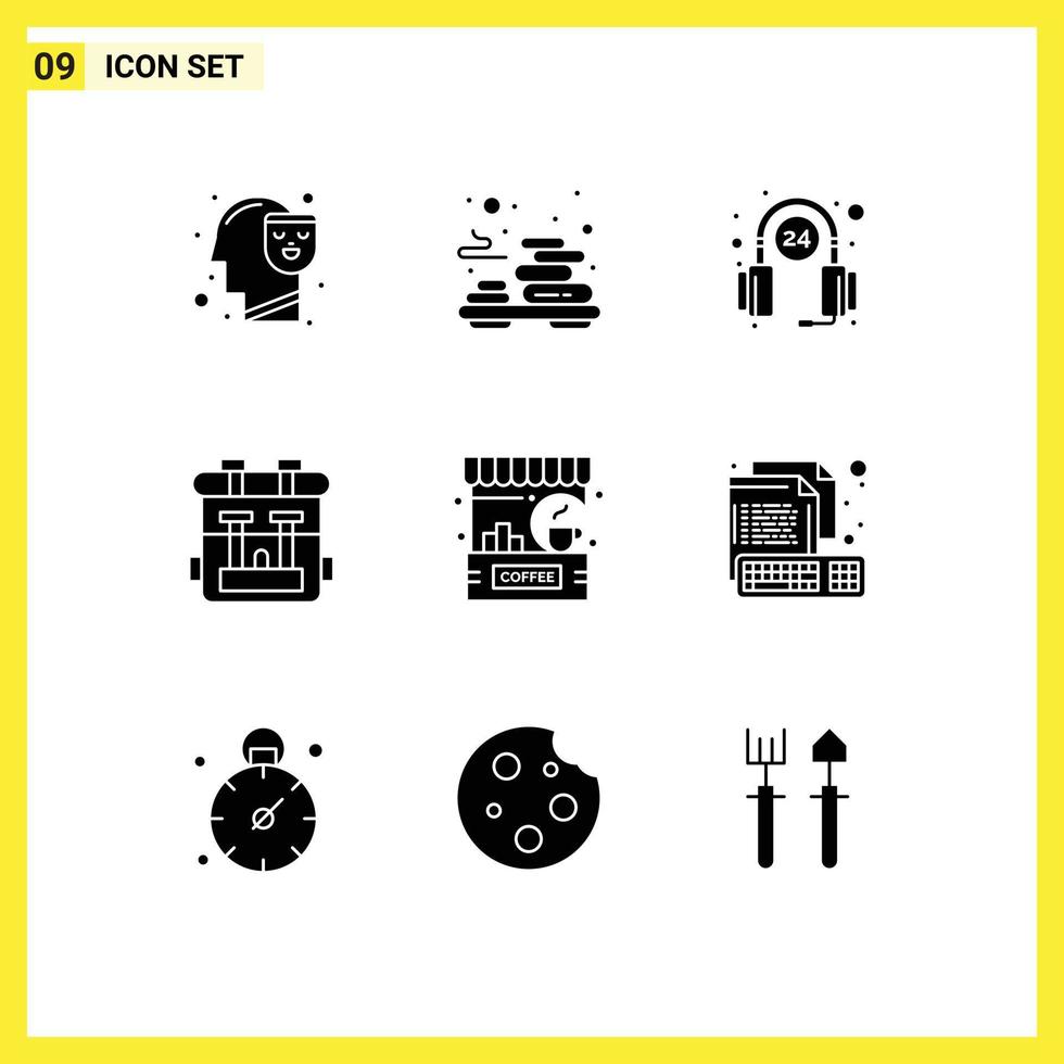 User Interface Pack of 9 Basic Solid Glyphs of cafe hobby customer hobbies back pack Editable Vector Design Elements