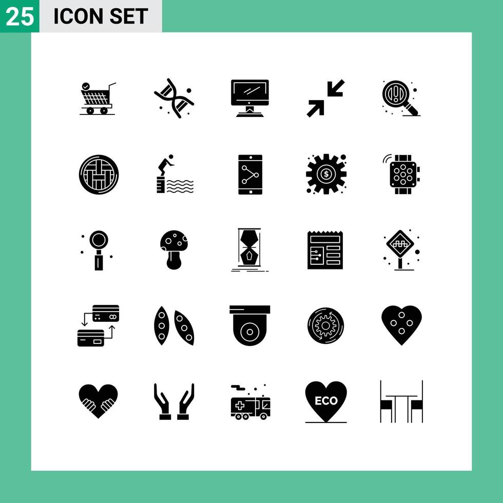 Pack of 25 Modern Solid Glyphs Signs and Symbols for Web Print Media such as search zoom computer arrow pc Editable Vector Design Elements