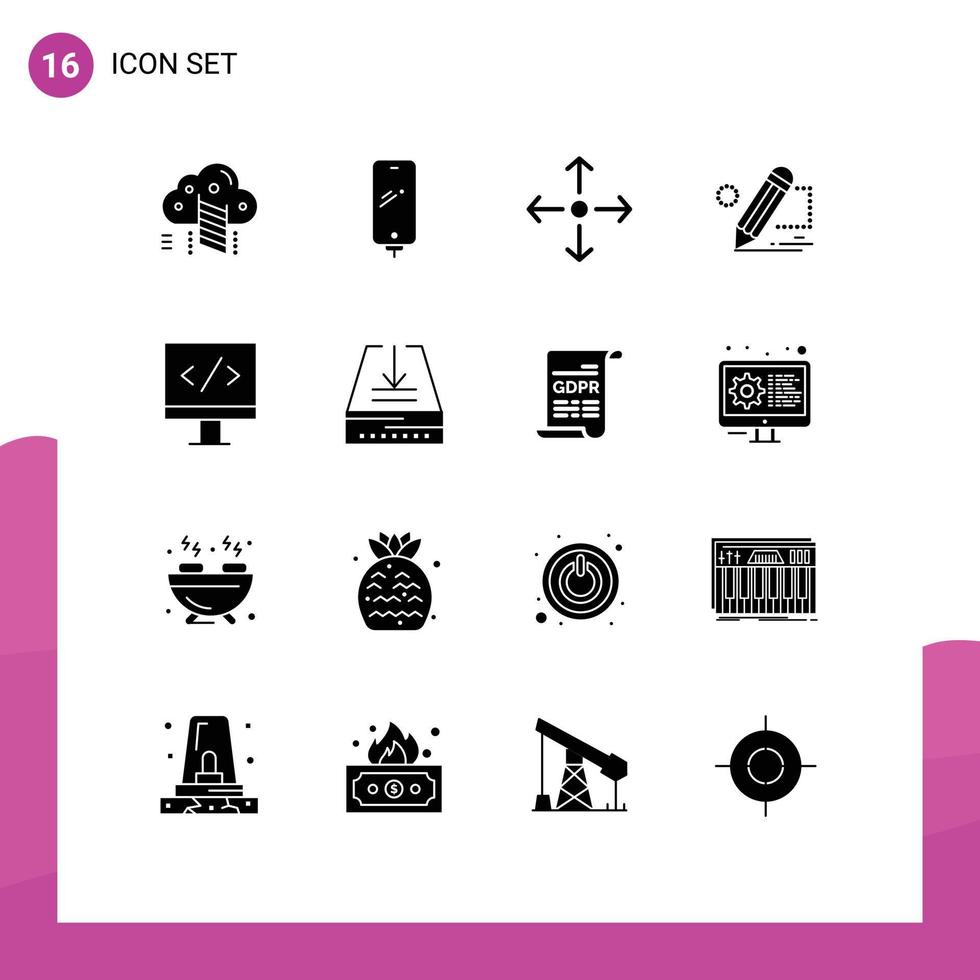 Universal Icon Symbols Group of 16 Modern Solid Glyphs of computer tablet battery painting pencil Editable Vector Design Elements