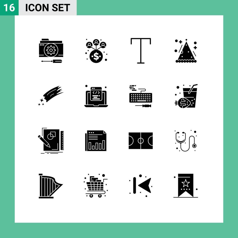 grupo de símbolos de iconos universales de 16 glifos sólidos modernos de elementos de diseño vectorial editables de sombrero de fiesta familiar de meteorito asteroide vector