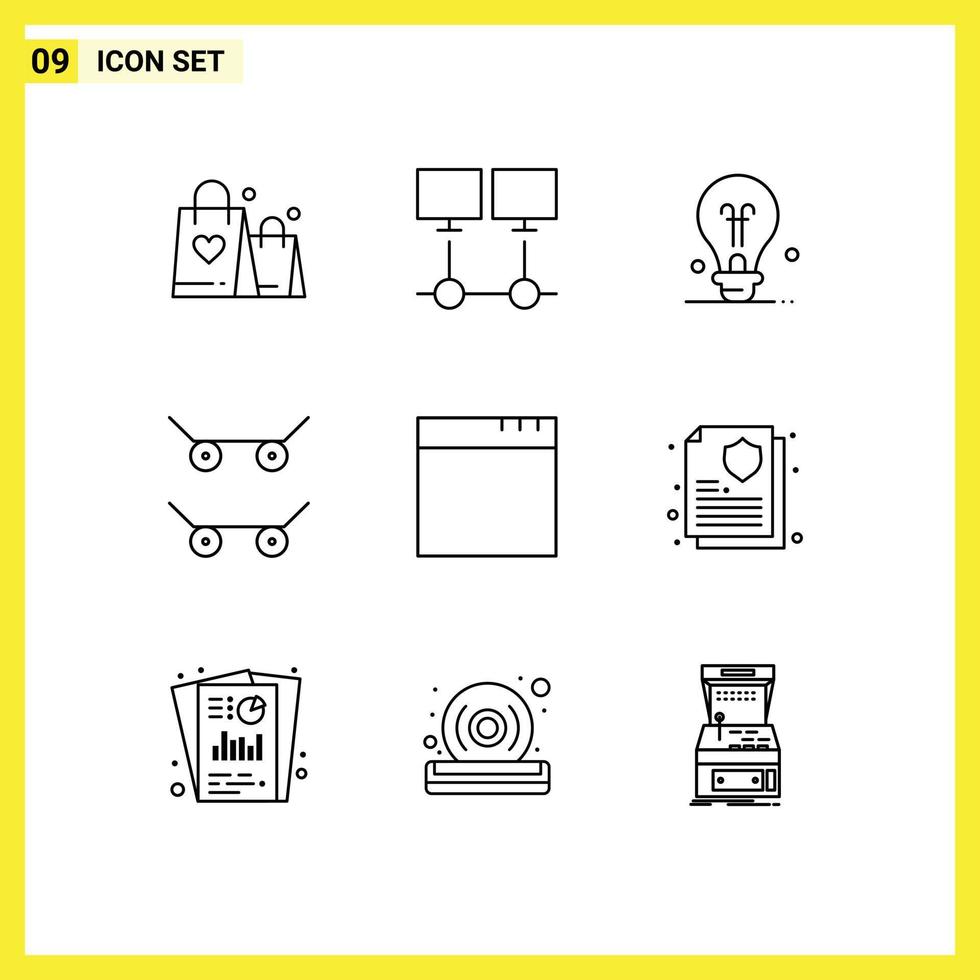Group of 9 Modern Outlines Set for insurance policy windows server app skateboard Editable Vector Design Elements