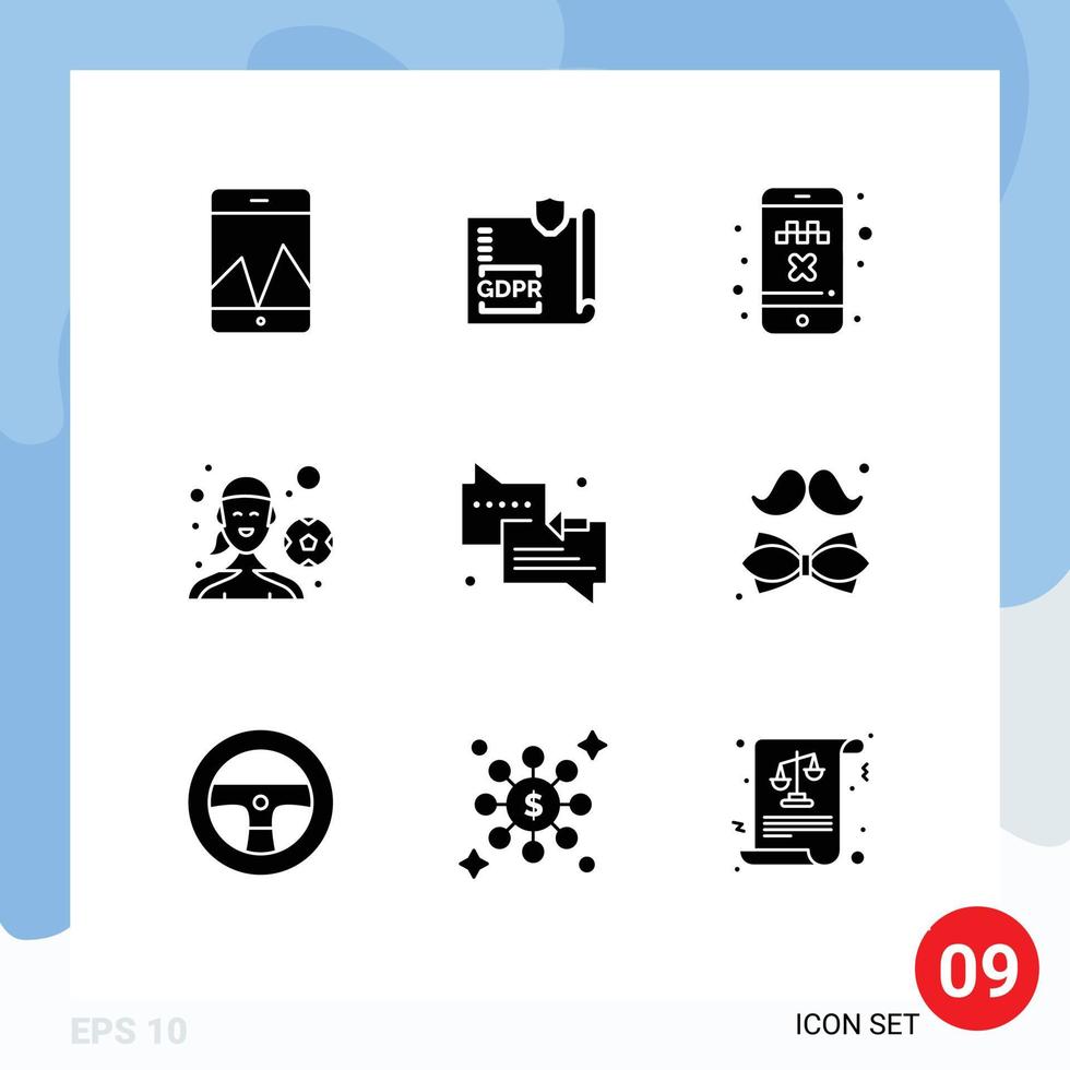 Group of 9 Solid Glyphs Signs and Symbols for messages playing football cab outdoor game female player Editable Vector Design Elements