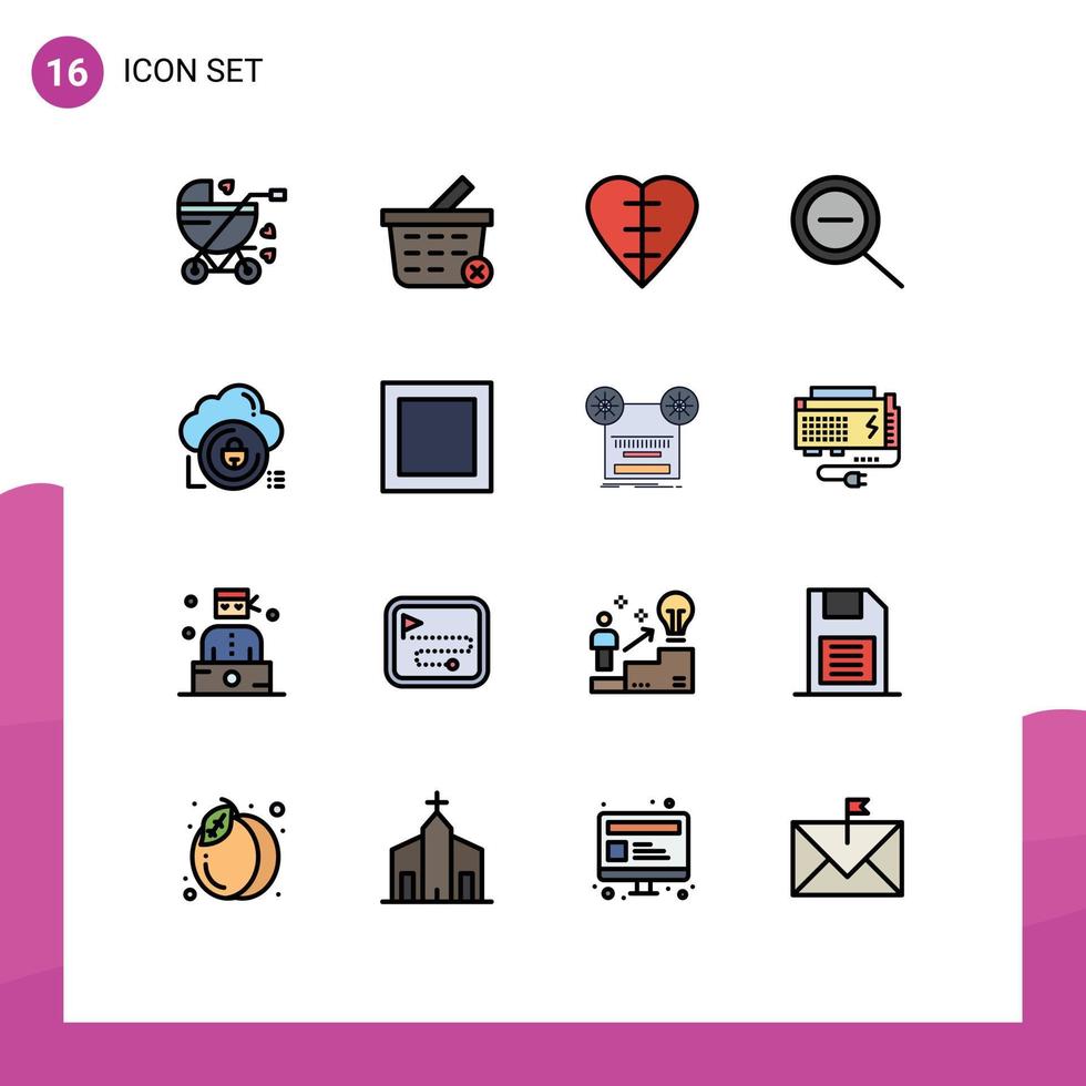 16 Universal Flat Color Filled Lines Set for Web and Mobile Applications private secure heart shape data zoom Editable Creative Vector Design Elements