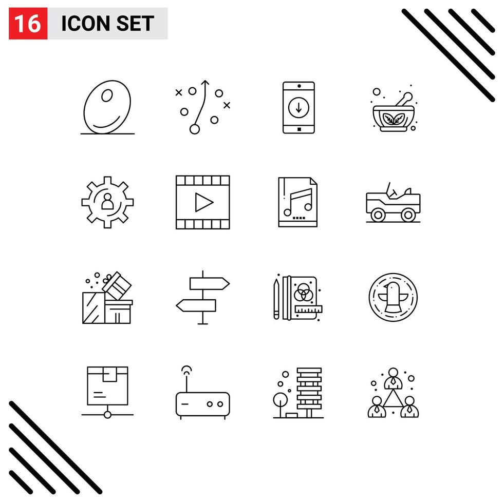 User Interface Pack of 16 Basic Outlines of person development mobile application saucer herbal Editable Vector Design Elements