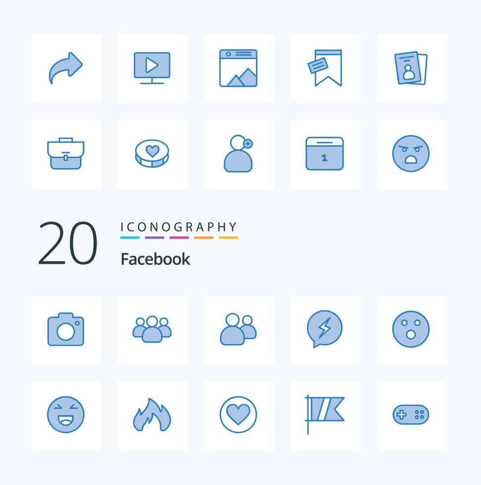 paquete de 20 iconos de color azul de facebook como emoji juego chat deporte pelota de golf vector