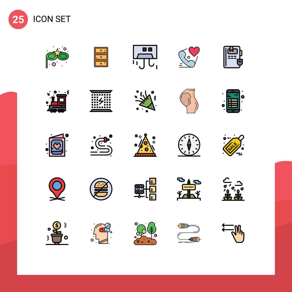 25 Filled line Flat Color concept for Websites Mobile and Apps book love condition heart telephone Editable Vector Design Elements