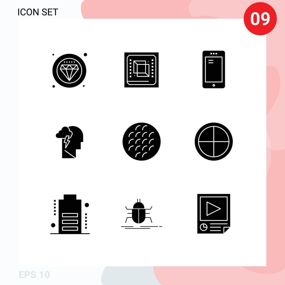 Pack of 9 creative Solid Glyphs of power mental processor energy huawei Editable Vector Design Elements
