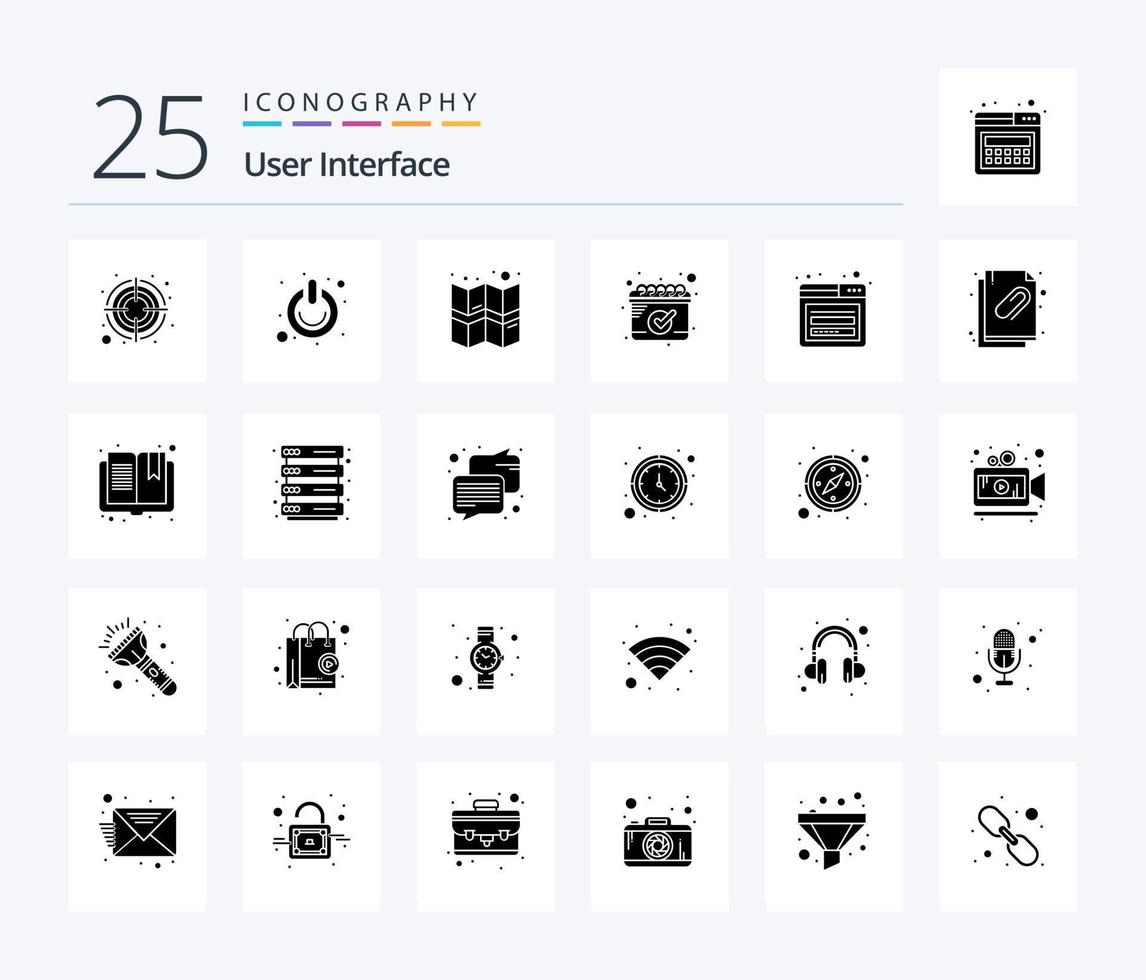 User Interface 25 Solid Glyph icon pack including page. account. switch. schedule. calendar vector