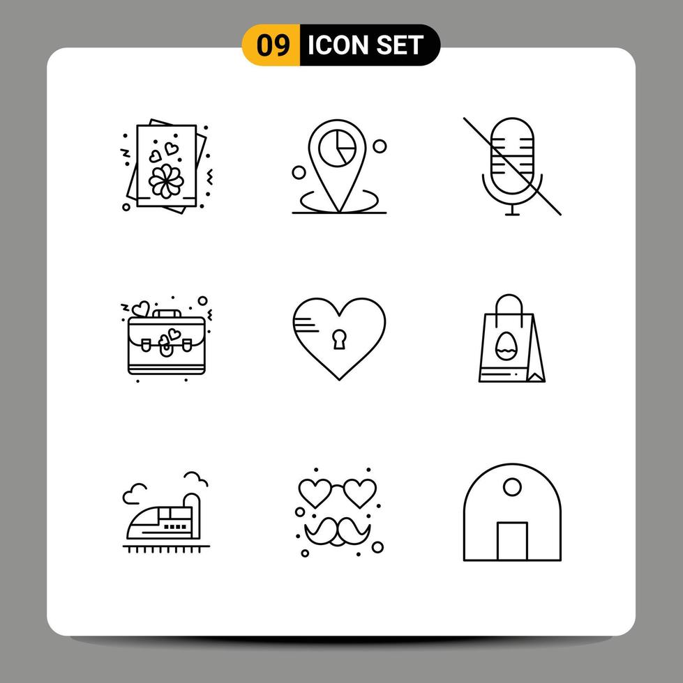 Set of 9 Commercial Outlines pack for heart lock mic love briefcase Editable Vector Design Elements