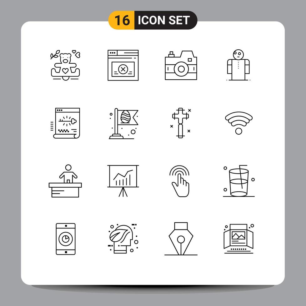 Pack of 16 creative Outlines of secure person camera open arms Editable Vector Design Elements