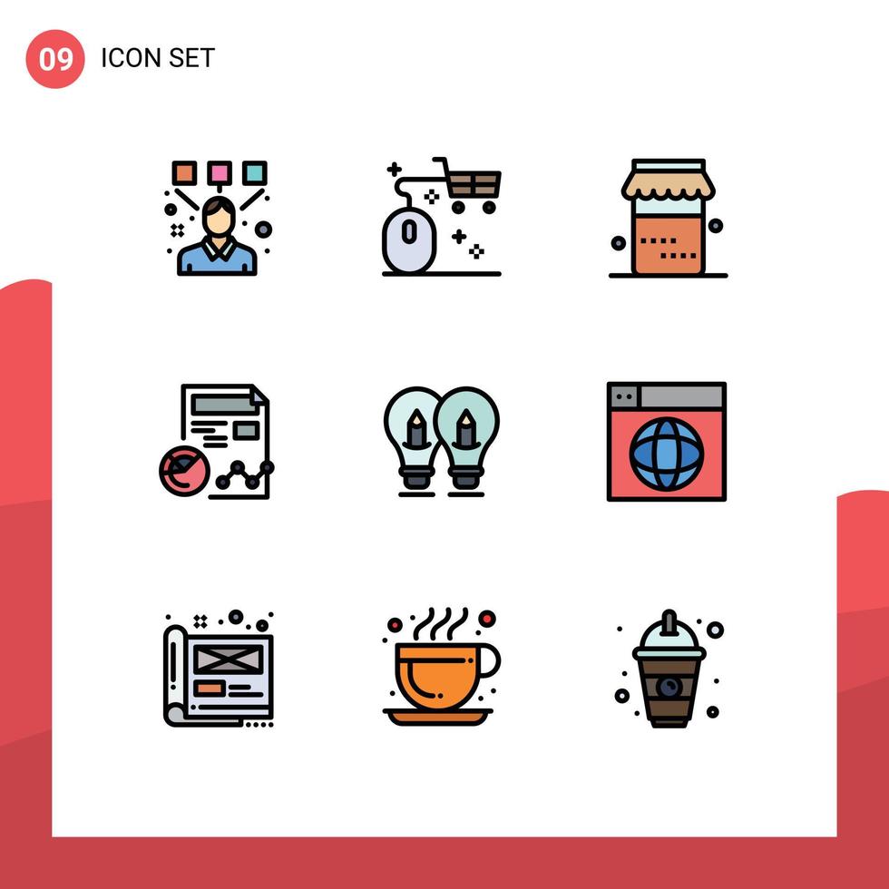 Filledline Flat Color Pack of 9 Universal Symbols of bulb analytics shopping profile report Editable Vector Design Elements