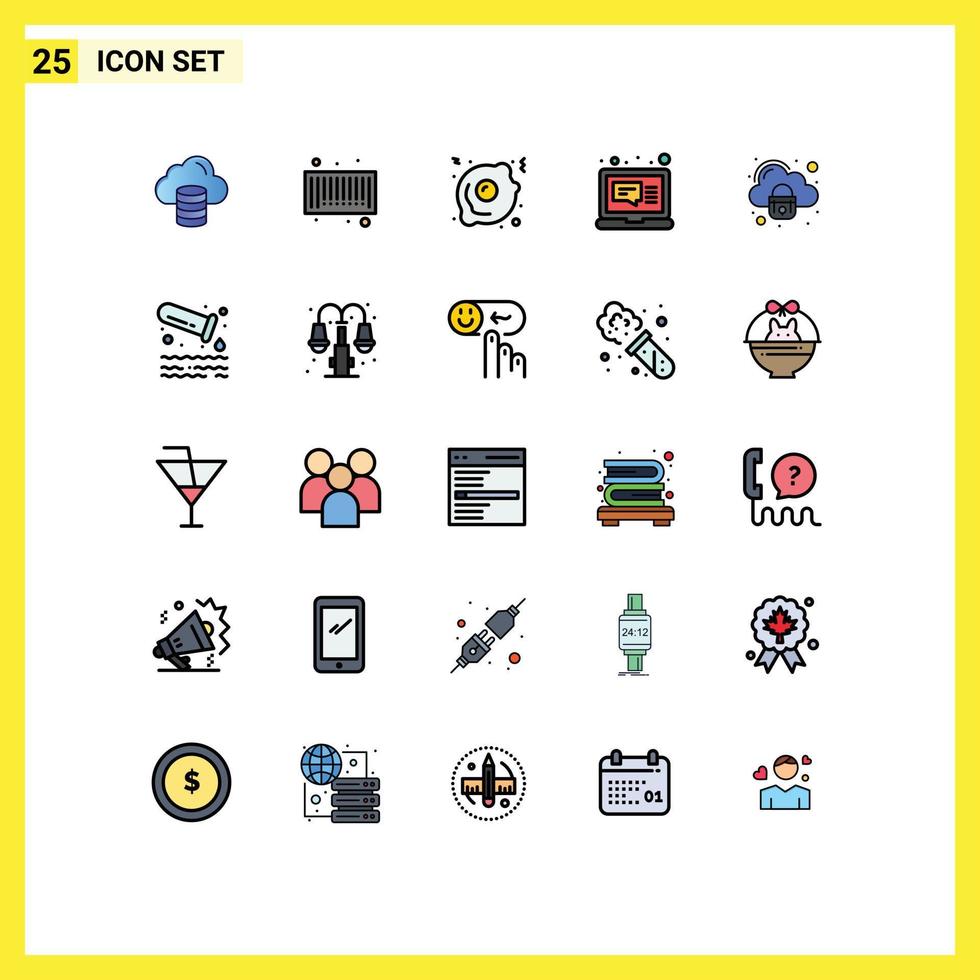 25 Universal Filled line Flat Colors Set for Web and Mobile Applications secure cloud fast food security laptop Editable Vector Design Elements