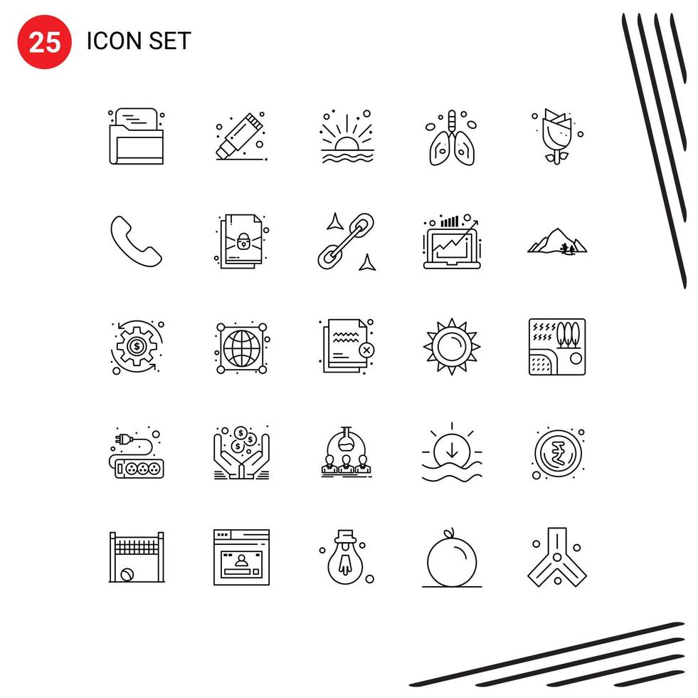 25 Universal Lines Set for Web and Mobile Applications flower lung ocean heart pollution Editable Vector Design Elements