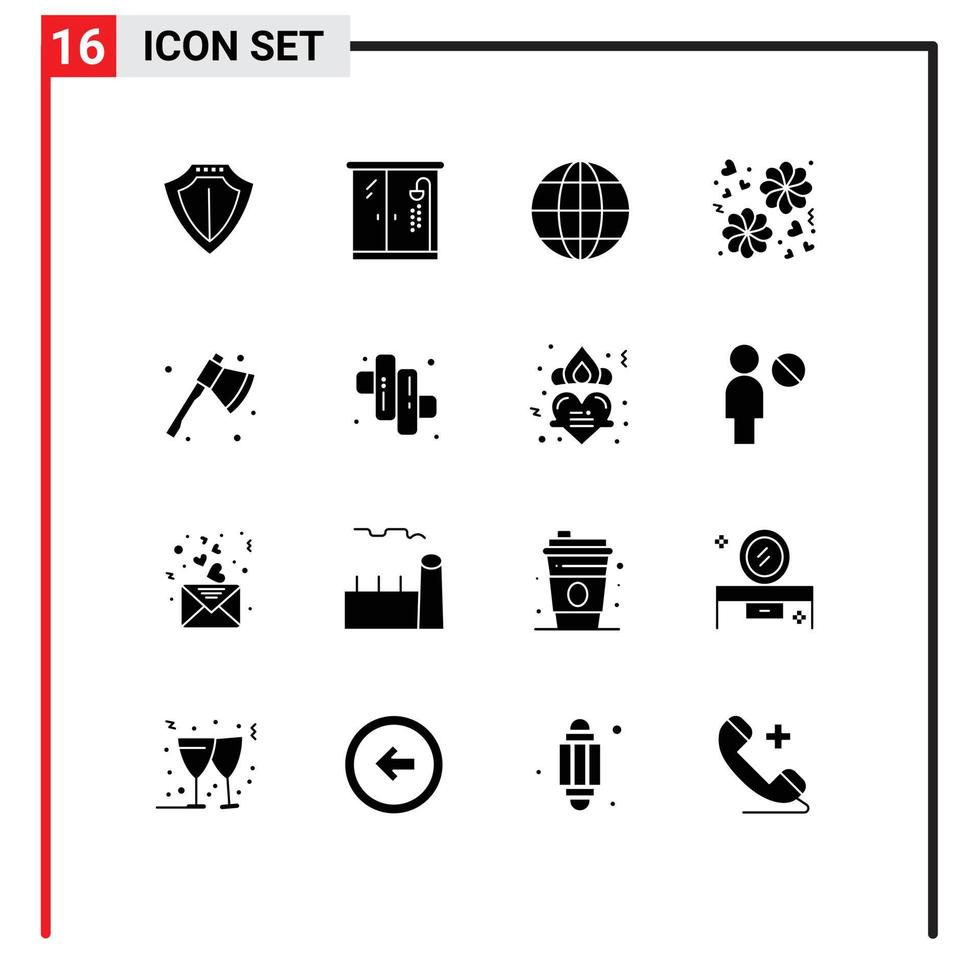 Pack of 16 Modern Solid Glyphs Signs and Symbols for Web Print Media such as cleaver axe global ax gift Editable Vector Design Elements