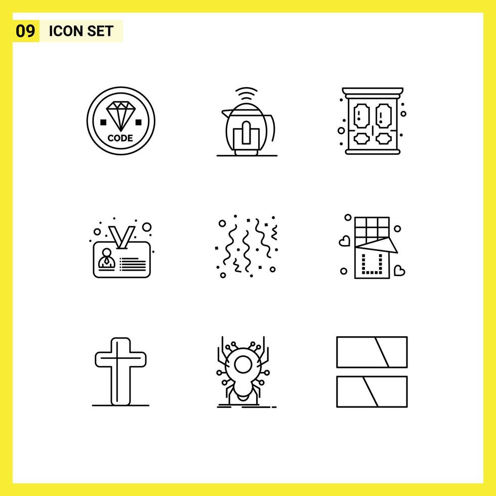Editable Vector Line Pack of 9 Simple Outlines of birthday identity technology identification clothes Editable Vector Design Elements