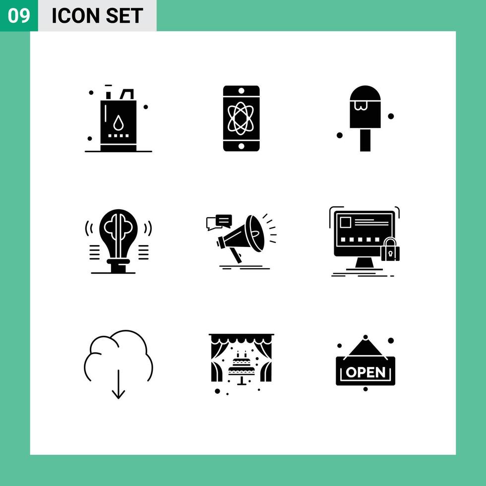 Pictogram Set of 9 Simple Solid Glyphs of imagination content tech bulb summer Editable Vector Design Elements