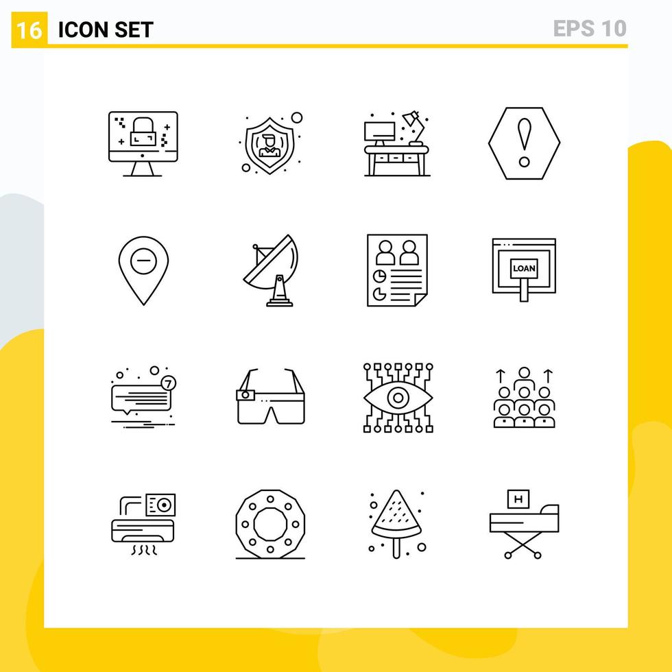 grupo de 16 signos y símbolos de contorno para el mapa minimizar los elementos de diseño de vectores editables de error de advertencia de inicio