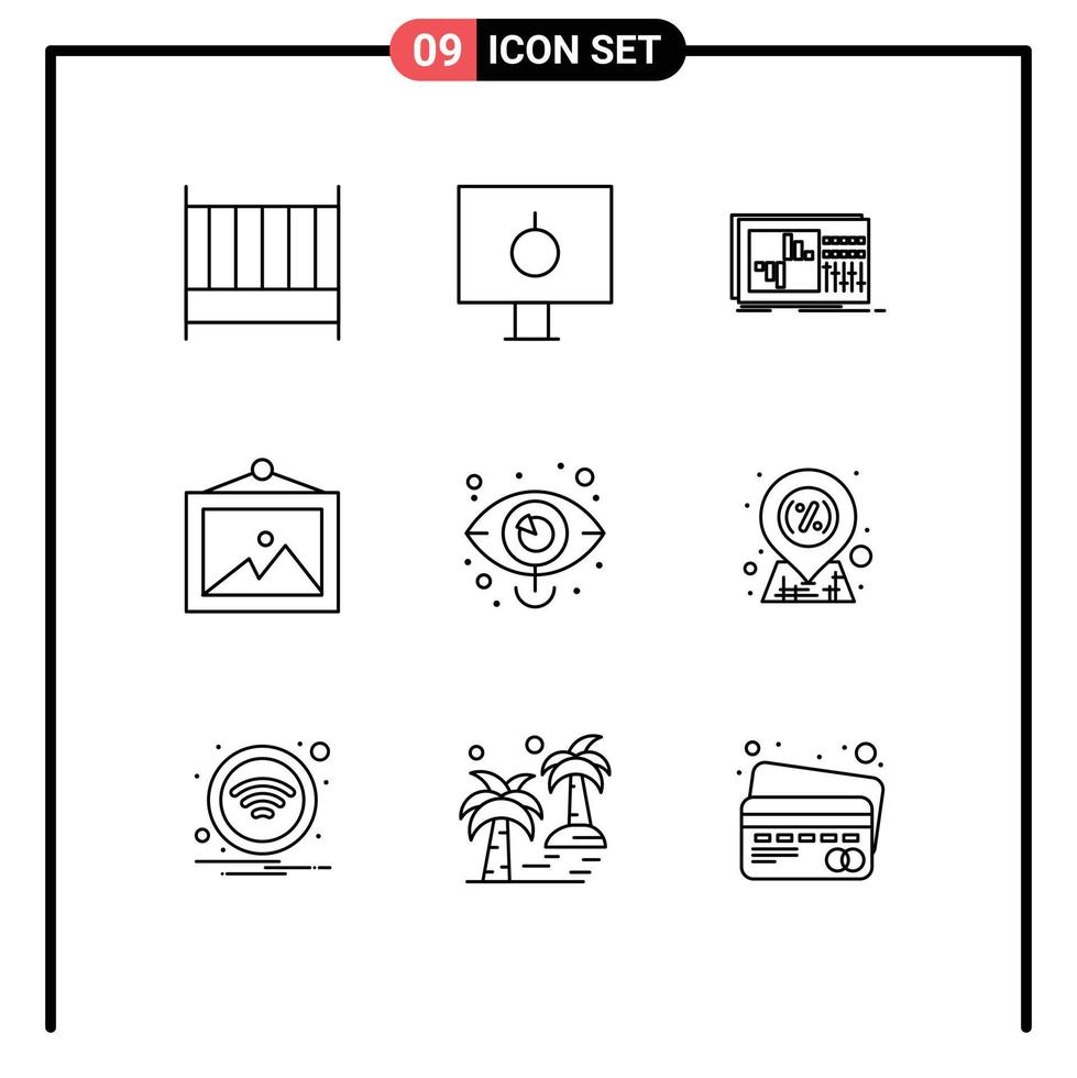 Group of 9 Modern Outlines Set for business picture safety photo sound Editable Vector Design Elements