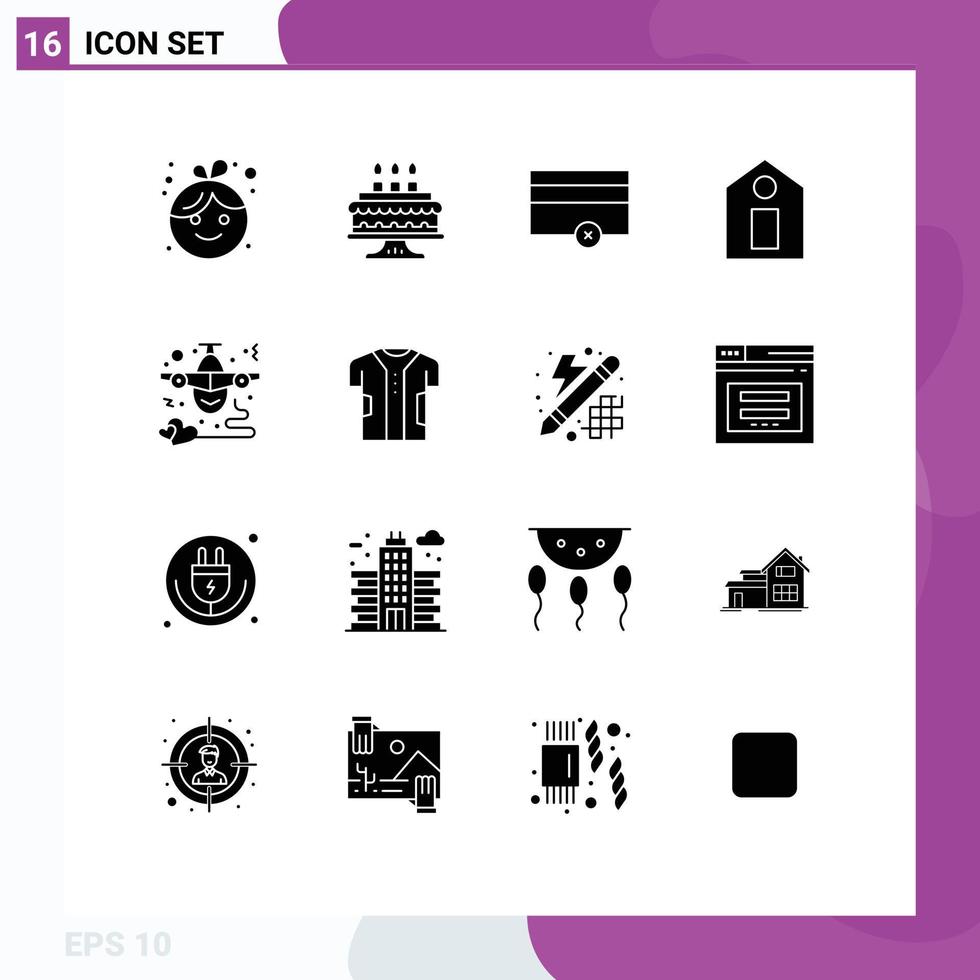 Modern Set of 16 Solid Glyphs Pictograph of love fly money flight tag Editable Vector Design Elements