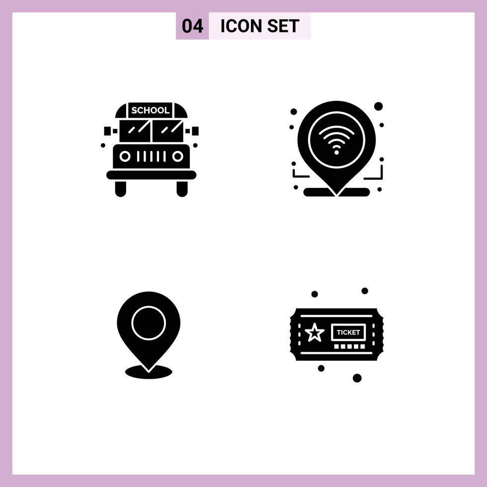 Pack of 4 creative Solid Glyphs of bus mark check in connection pin Editable Vector Design Elements