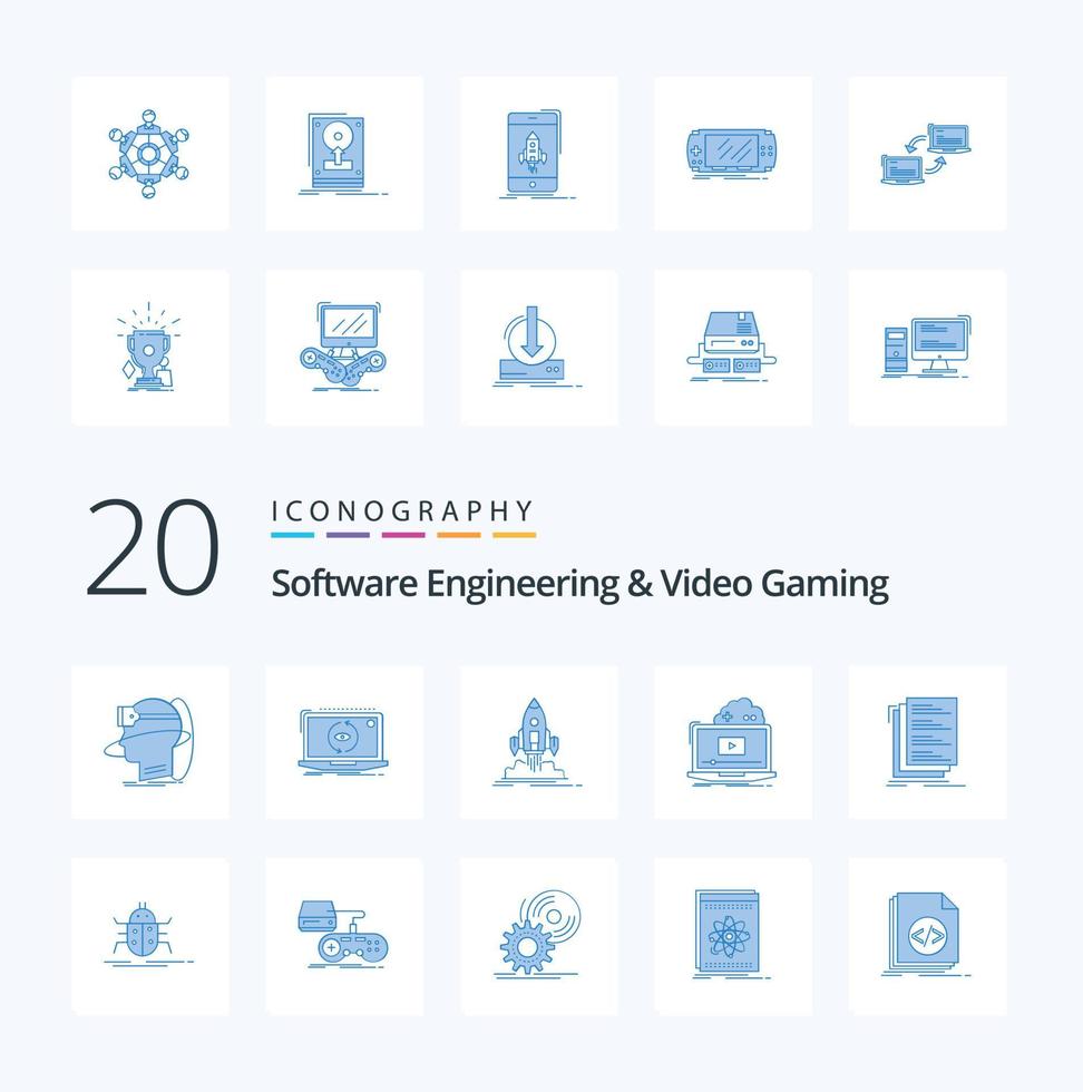 20 Software Engineering And Video Gaming Blue Color icon Pack like game publish new startup mission vector