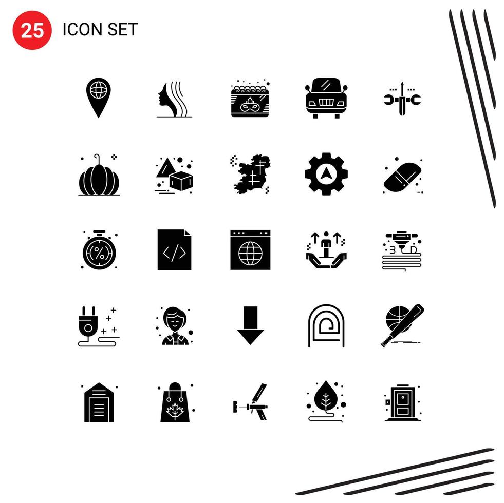 Mobile Interface Solid Glyph Set of 25 Pictograms of food screwdriver date computing vehicle Editable Vector Design Elements