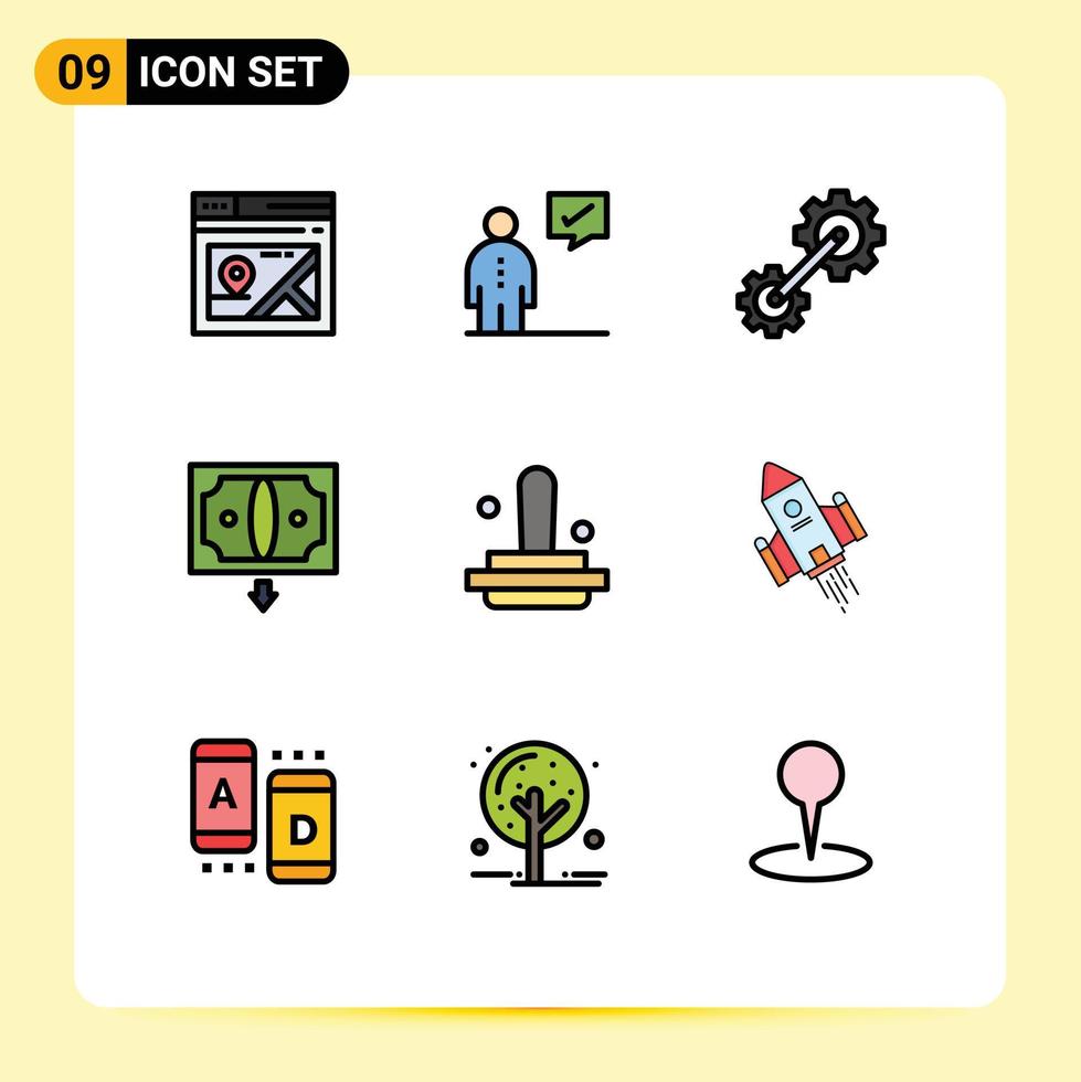 Pack of 9 creative Filledline Flat Colors of business finance management commerce industrial Editable Vector Design Elements