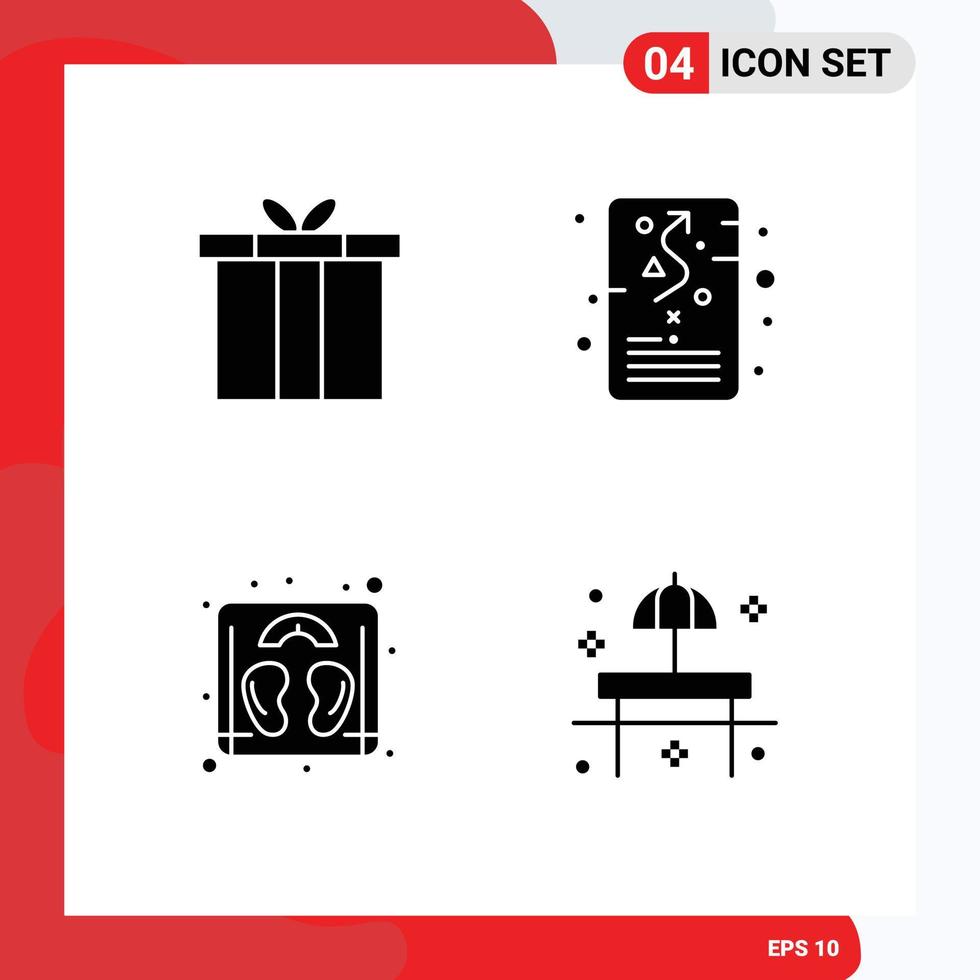 Editable Vector Line Pack of 4 Simple Solid Glyphs of accessories weight gift plan machine Editable Vector Design Elements