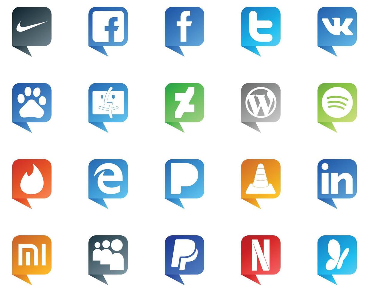 20 logotipos de estilo de burbujas de discurso de redes sociales como linkedin media wordpress vlc edge vector