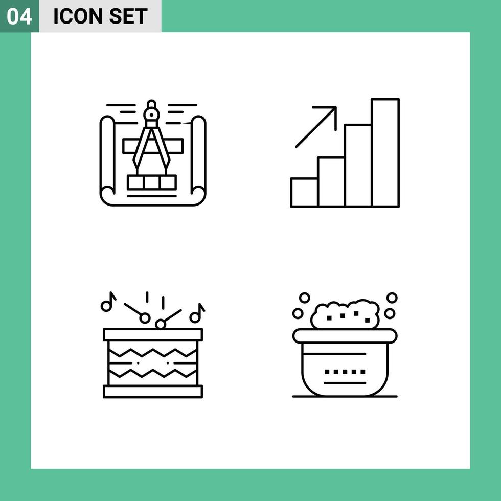 4 Universal Line Signs Symbols of blueprint sticks analytics drum bath Editable Vector Design Elements