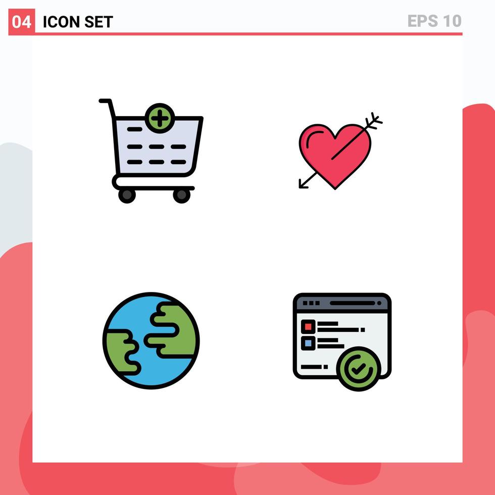 Set of 4 Modern UI Icons Symbols Signs for checkout globe heart love development Editable Vector Design Elements
