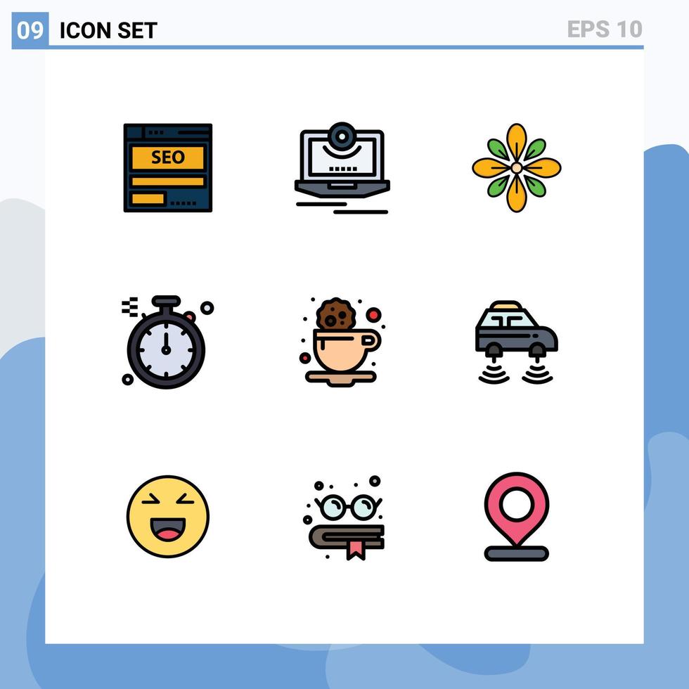 Group of 9 Filledline Flat Colors Signs and Symbols for compass hindu computer diwali decorate Editable Vector Design Elements