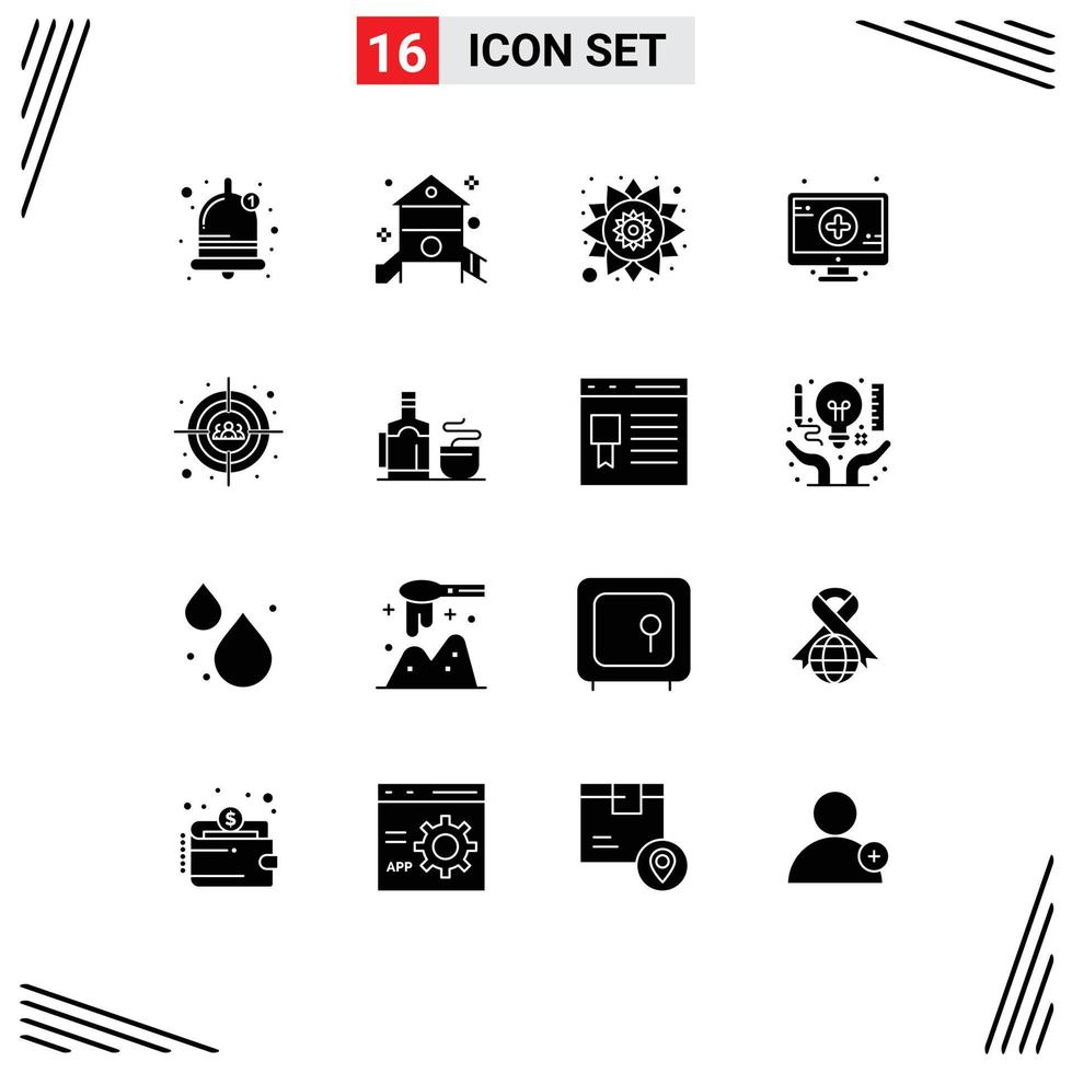 Solid Glyph Pack of 16 Universal Symbols of head shot target india auditory monitor Editable Vector Design Elements