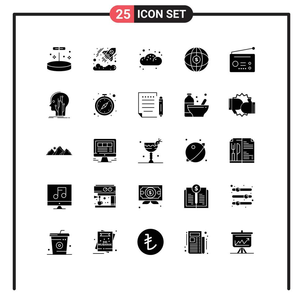 Group of 25 Modern Solid Glyphs Set for gadgets dollar bakery internet world Editable Vector Design Elements