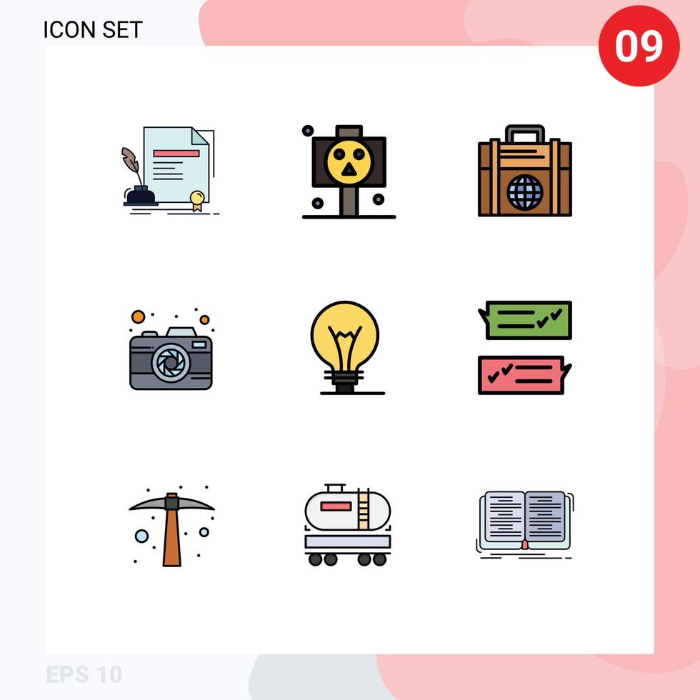 9 Universal Filledline Flat Color Signs Symbols of idea picture skull photography globe Editable Vector Design Elements