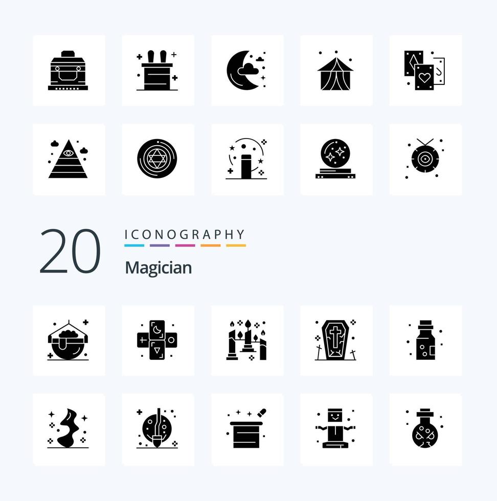 20 Magician Solid Glyph icon Pack like chemistry halloween burning ghost coffin vector