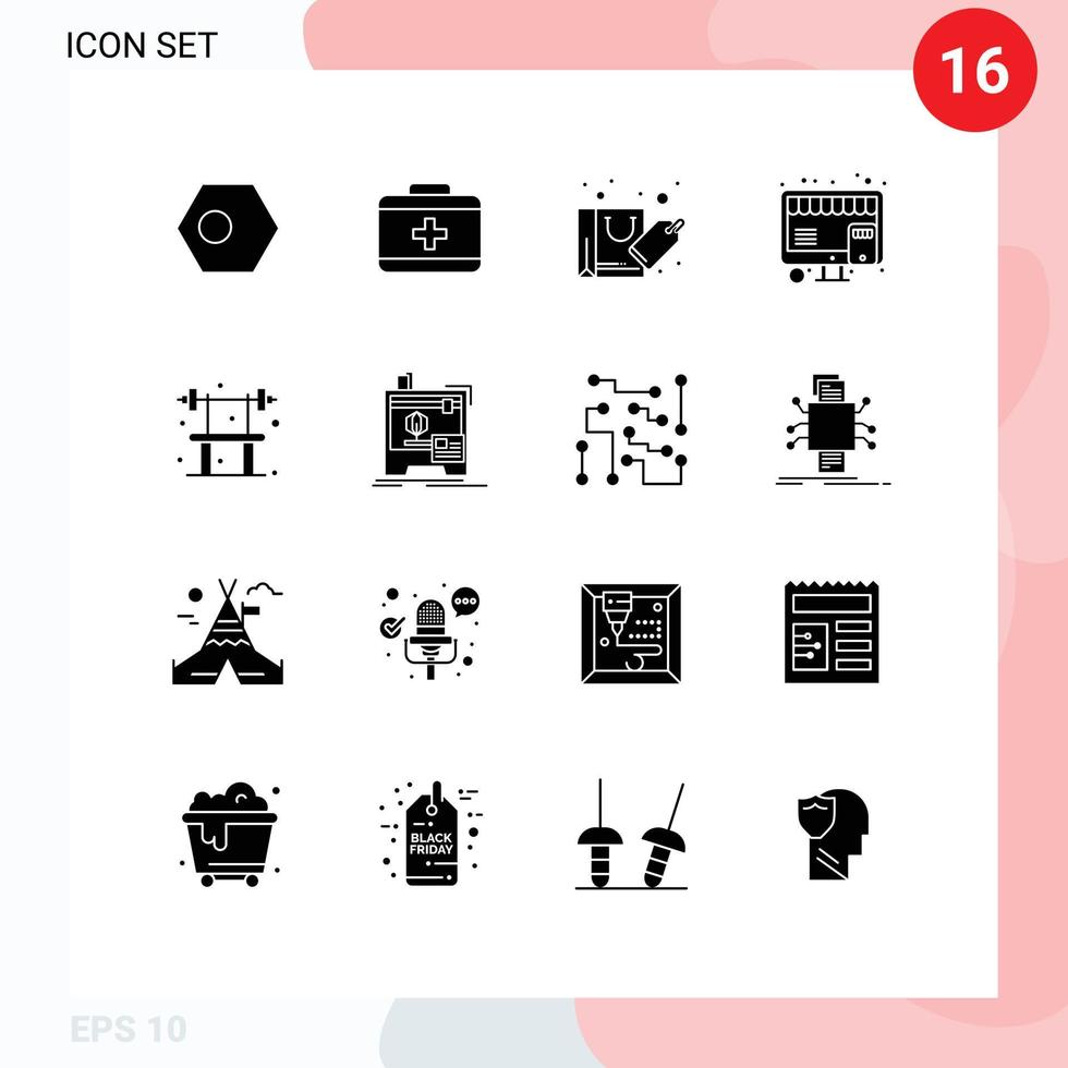 16 Thematic Vector Solid Glyphs and Editable Symbols of exercise marketing bag shop buy Editable Vector Design Elements