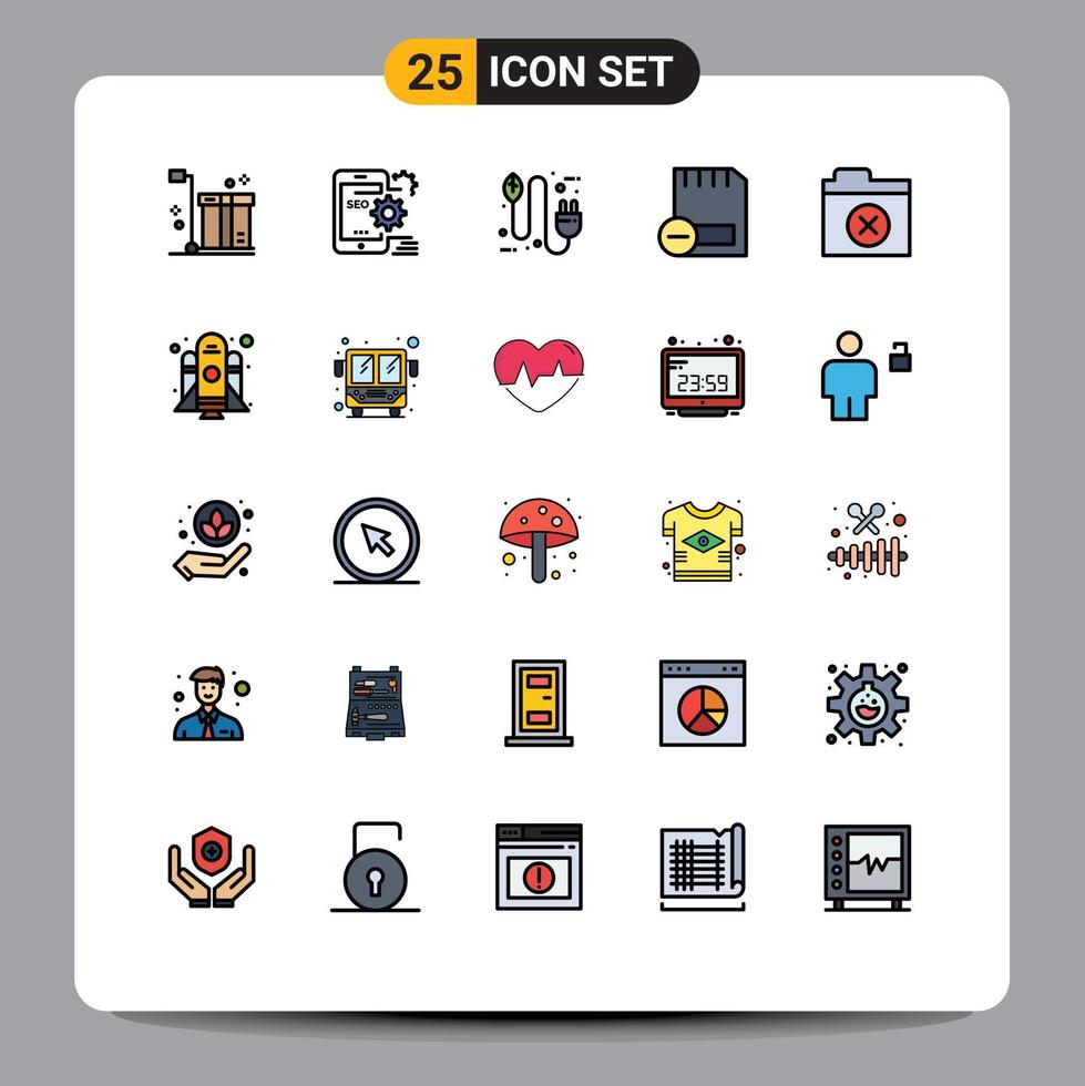 Mobile Interface Filled line Flat Color Set of 25 Pictograms of devices card setting plug eco Editable Vector Design Elements