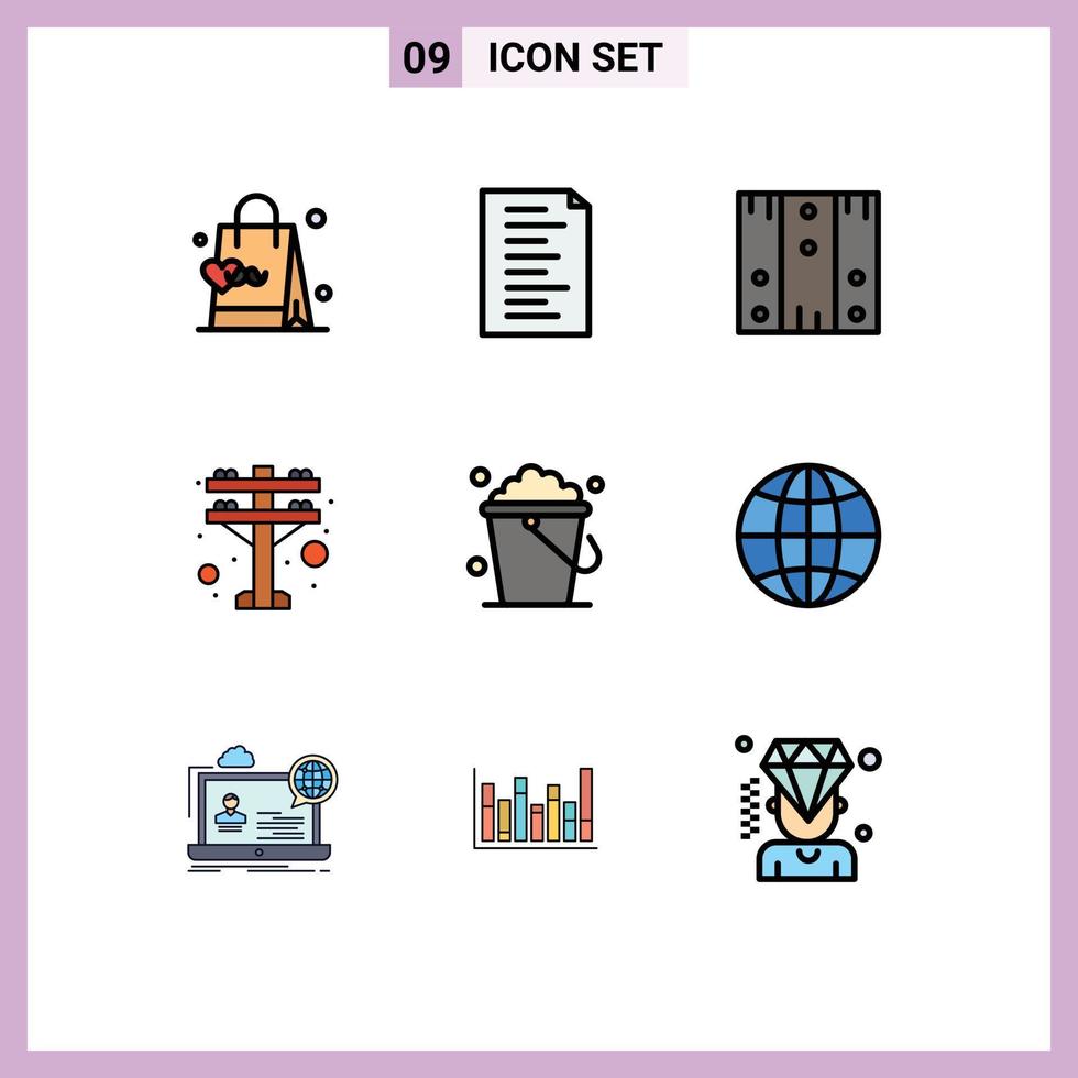 Group of 9 Modern Filledline Flat Colors Set for floor bucket delivery power electric Editable Vector Design Elements