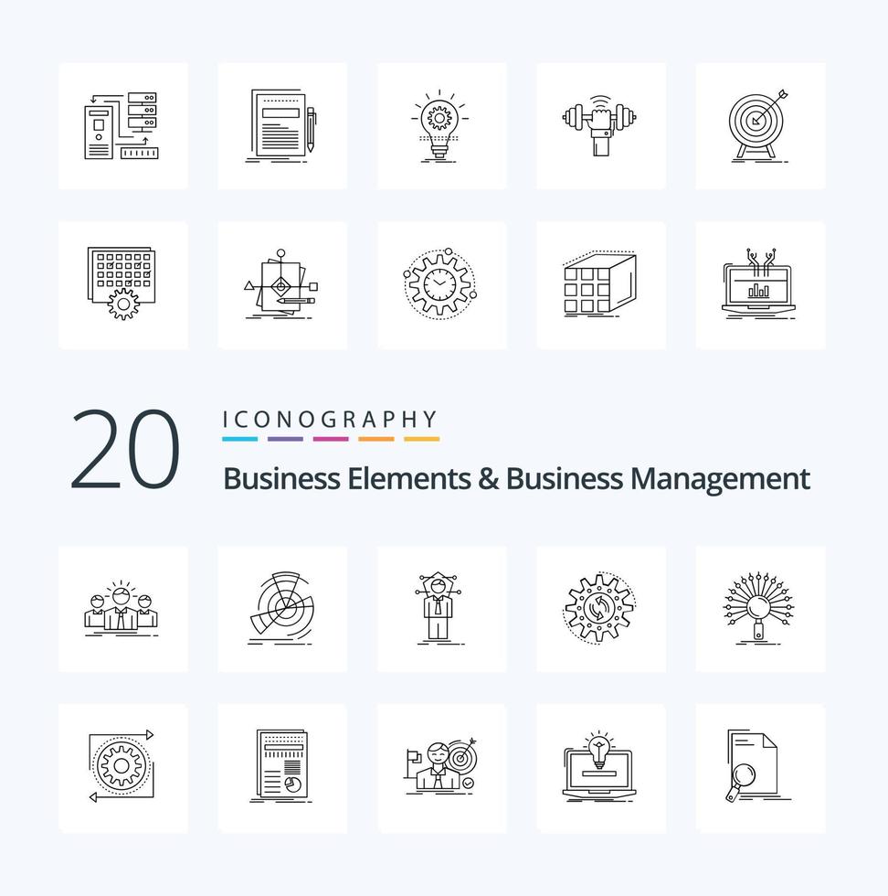20 elementos comerciales y paquete de iconos de línea de gestión empresarial como solución de punto de gestión de producción humana vector