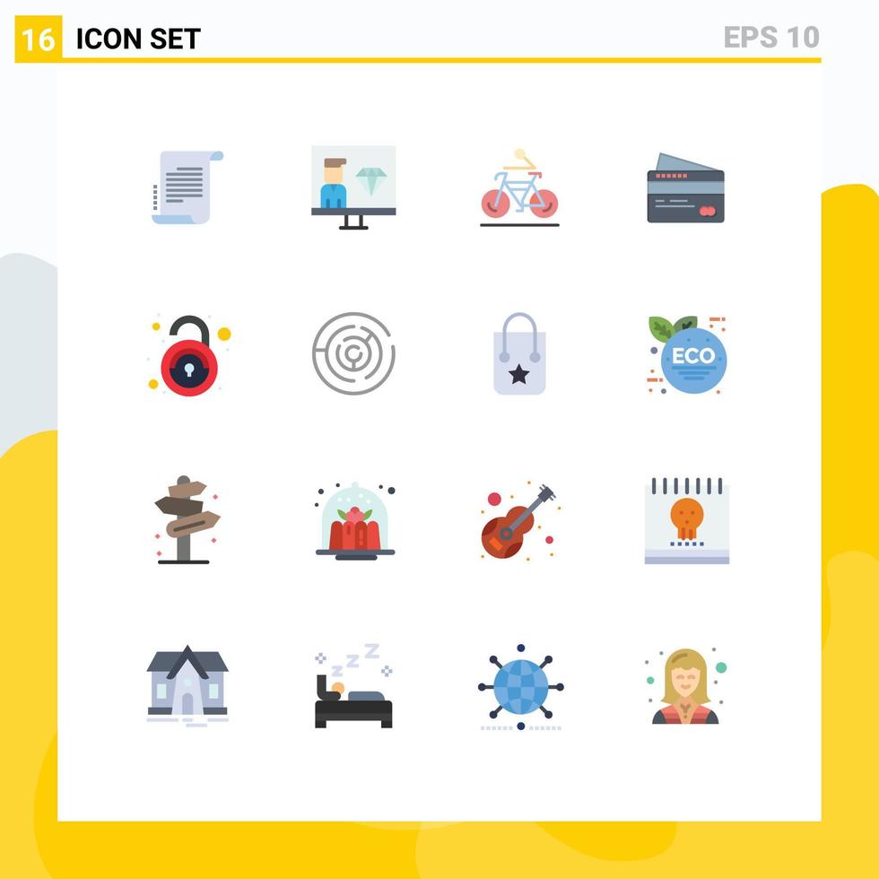 paquete de 16 signos y símbolos de colores planos modernos para medios de impresión web, como tarjetas de programación de crédito de pago, ciclismo, paquete editable de elementos creativos de diseño de vectores