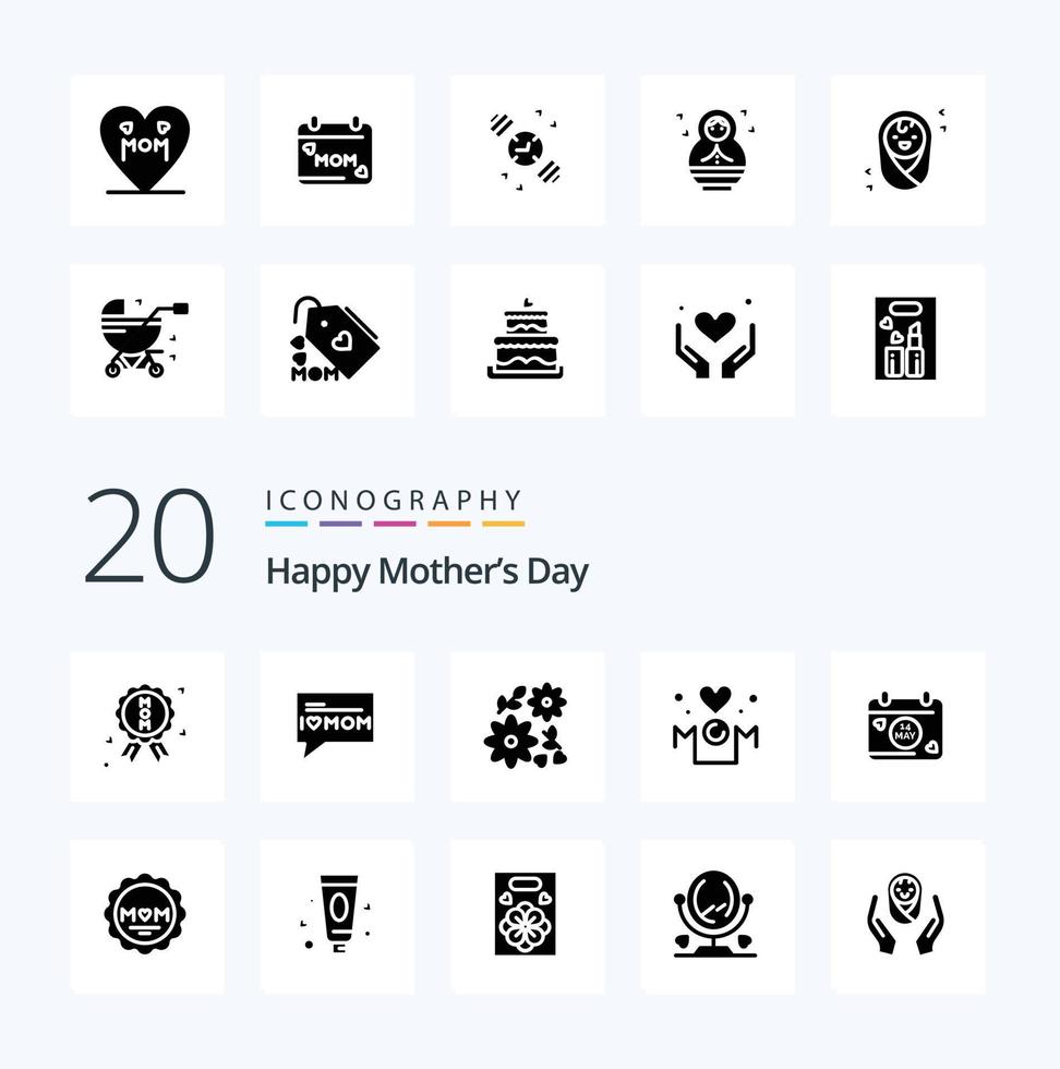 20 Happy Mothers Day Solid Glyph icon Pack like mother inscription  heart vector