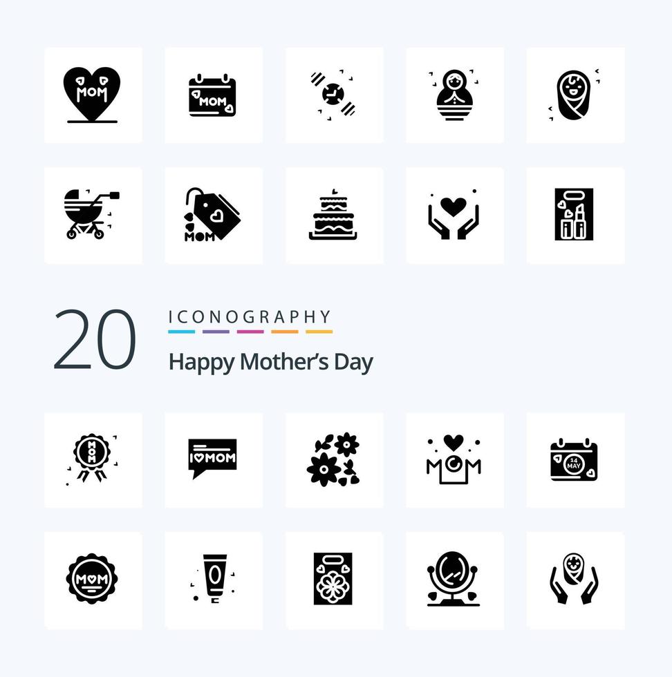 paquete de iconos de 20 glifos sólidos del día de la madre feliz como corazón de inscripción de madre vector