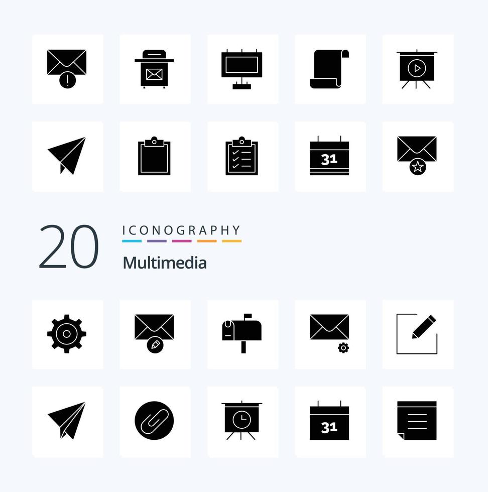 20 Multimedia Solid Glyph icon Pack like paper edit mail compose message vector