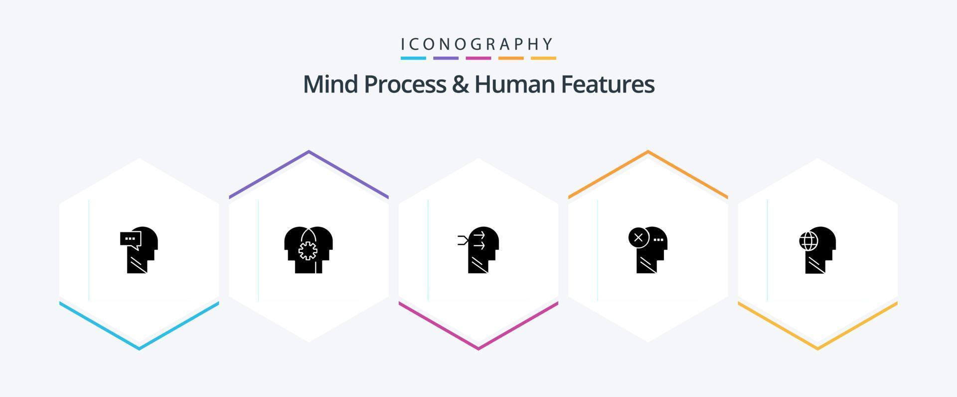 proceso mental y características humanas Paquete de iconos de 25 glifos que incluye la mente. humano. cambio mental. cabeza. cerebro vector