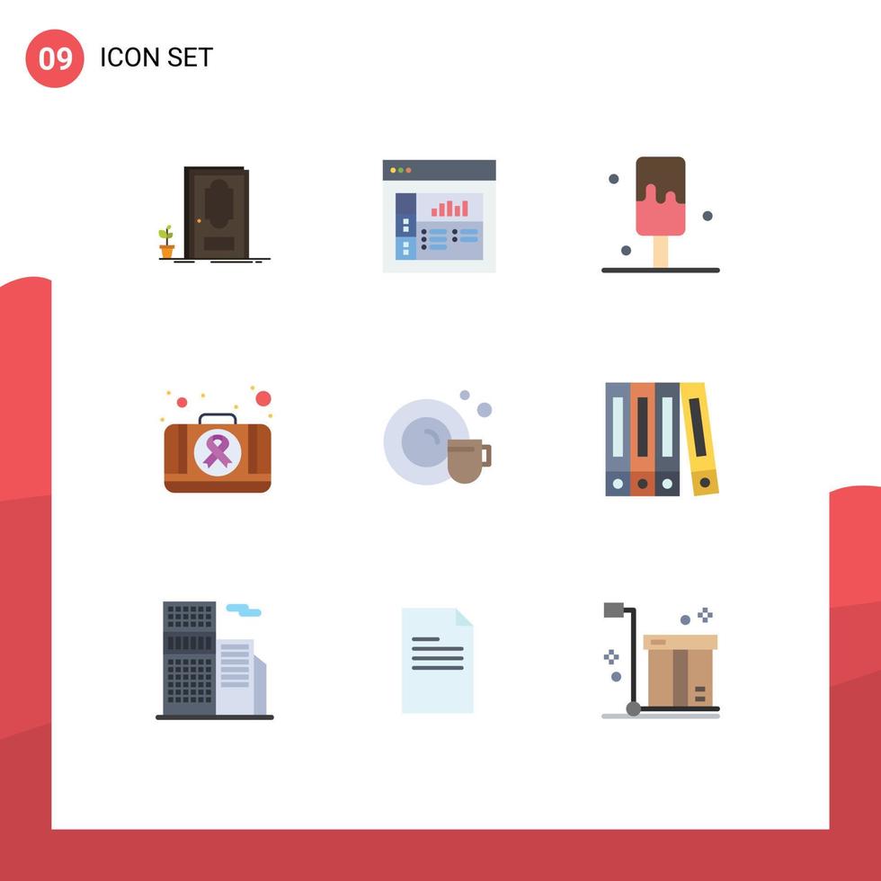 Mobile Interface Flat Color Set of 9 Pictograms of file cup ice dish case Editable Vector Design Elements
