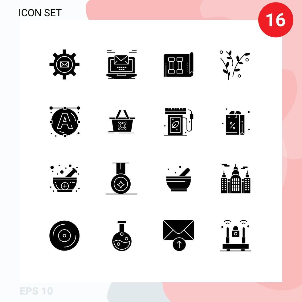 16 User Interface Solid Glyph Pack of modern Signs and Symbols of spring nature email leaf inventory Editable Vector Design Elements